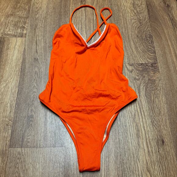 J.Crew Playa Womens X Open Back Orange Pink Pom One Piece Swim Suit Size XXS - Picture 1 of 7